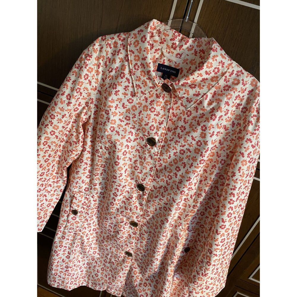 LANDS' END XL Pink And Orange Floral "Sunshower" Button Down Rain Coat Trench